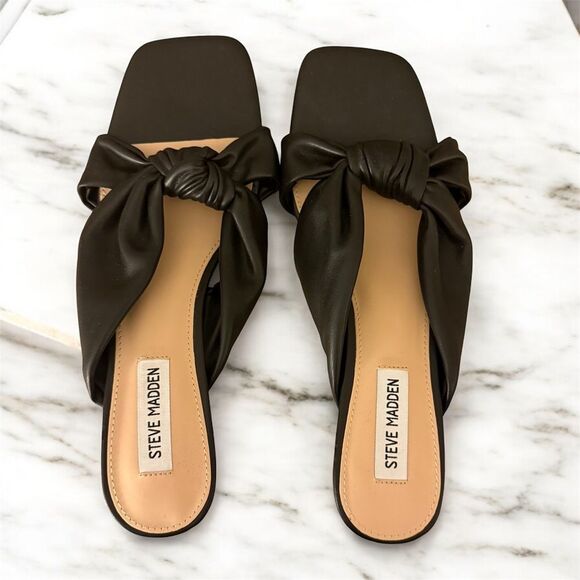 Steve Madden Athena Black Vegan Leather Square Open Toe Kitten Heel Mules, 12M - Picture 1 of 14